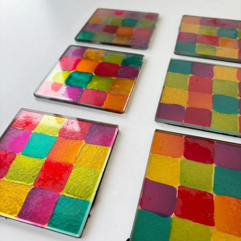 Vintage Glass Coaster Set 6pc Multi Color Patchwork Brass Tone Footed Box MCM